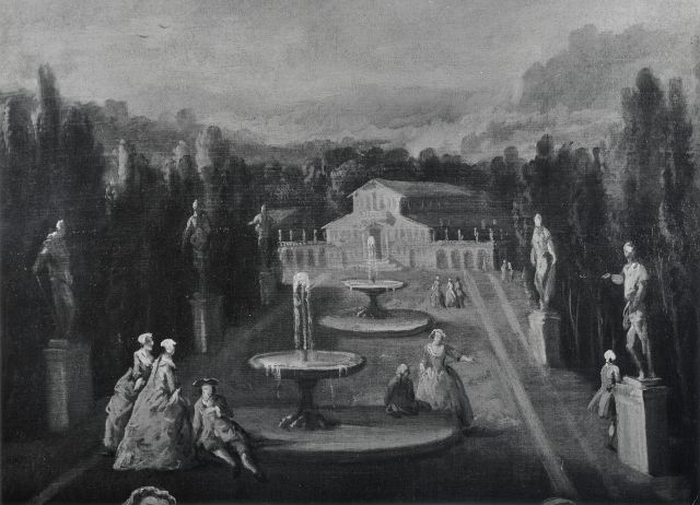 Boccardi, Cosimo — Zais Giuseppe - sec. XVIII - Scena di vita in villa: prospettiva di fontane e statue — particolare